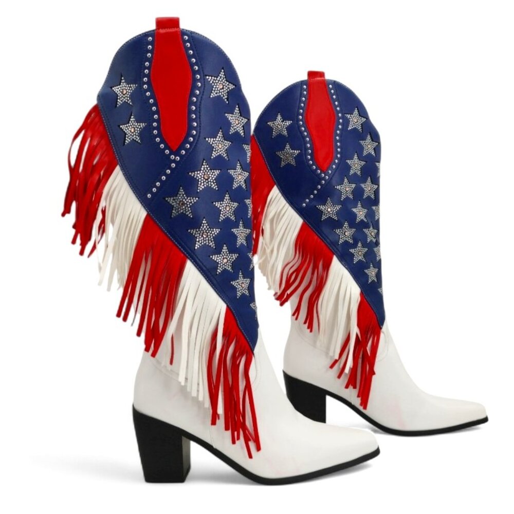 American Flag Size 11 Rhinestone Stars Fringe Knee High Block Heel Western Boot - Picture 2 of 16